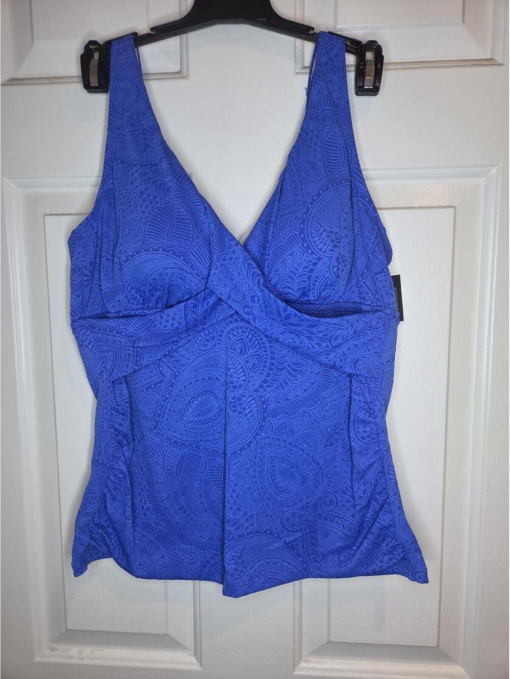 Size 14 - Swim Solutions Women's Blue paisley Lace-Texture Tankini Swim Top